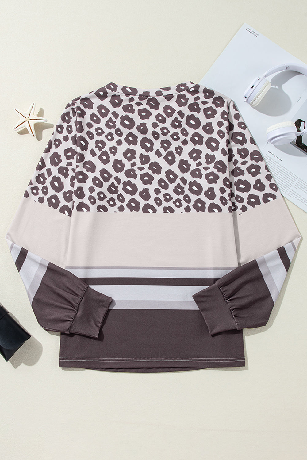 Brown Leopard Color Block Crewneck Long Sleeve Top