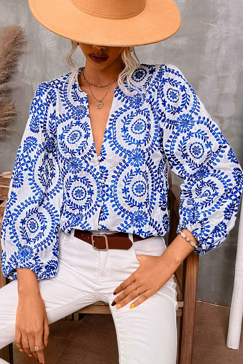 Sky Blue Embroidered V Neck Puff Sleeve Boho Blouse