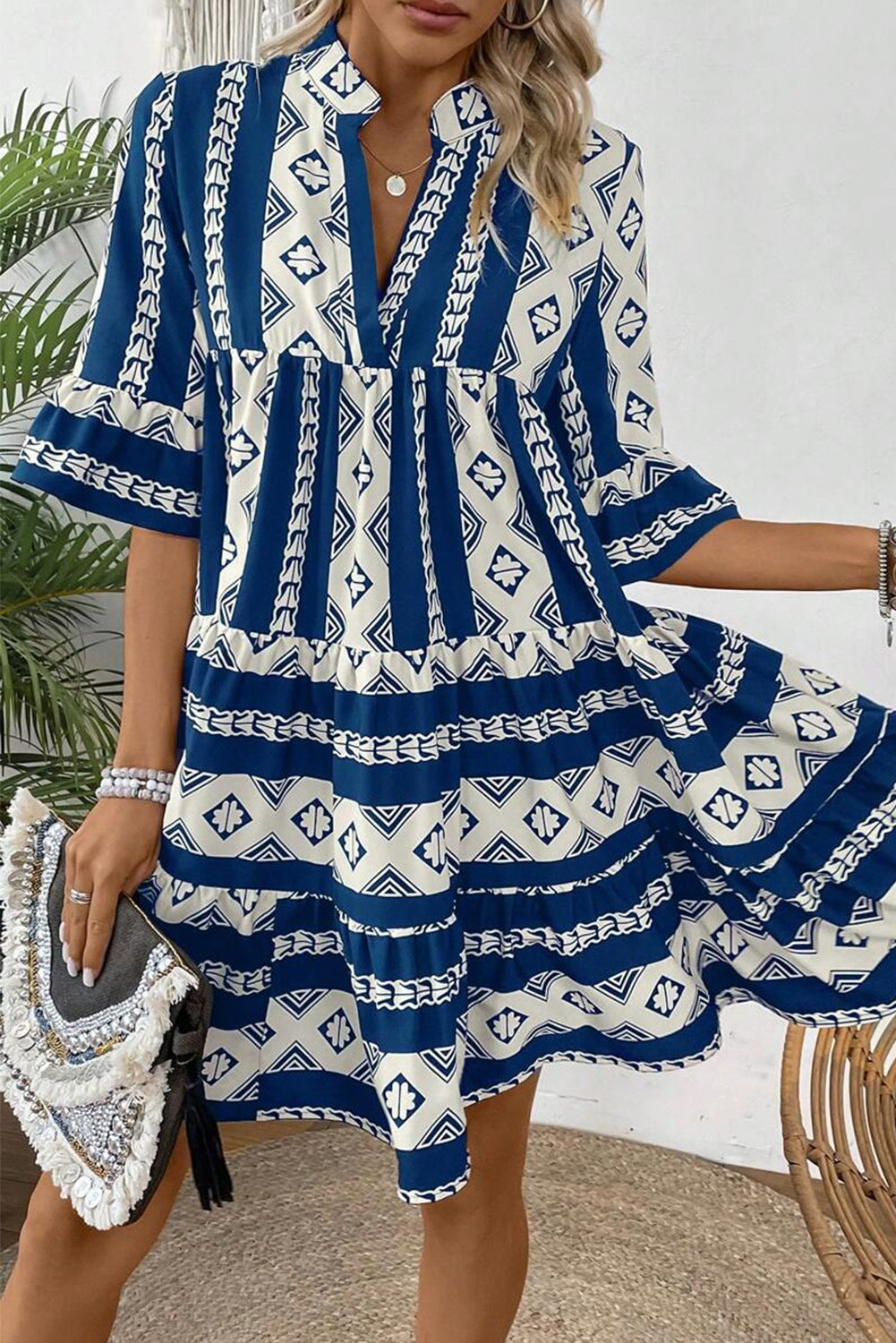 Blue Abstract Print Bell Sleeve V Neck Boho Tiered Dress