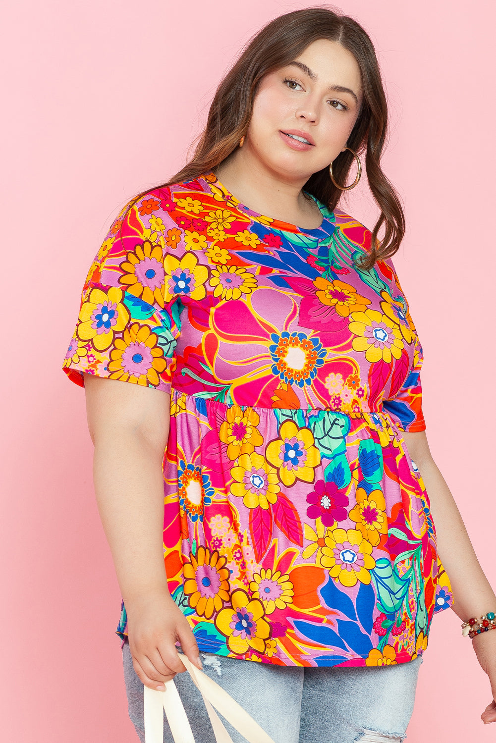 Pink Boho Floral Print Plus Size Babydoll Blouse