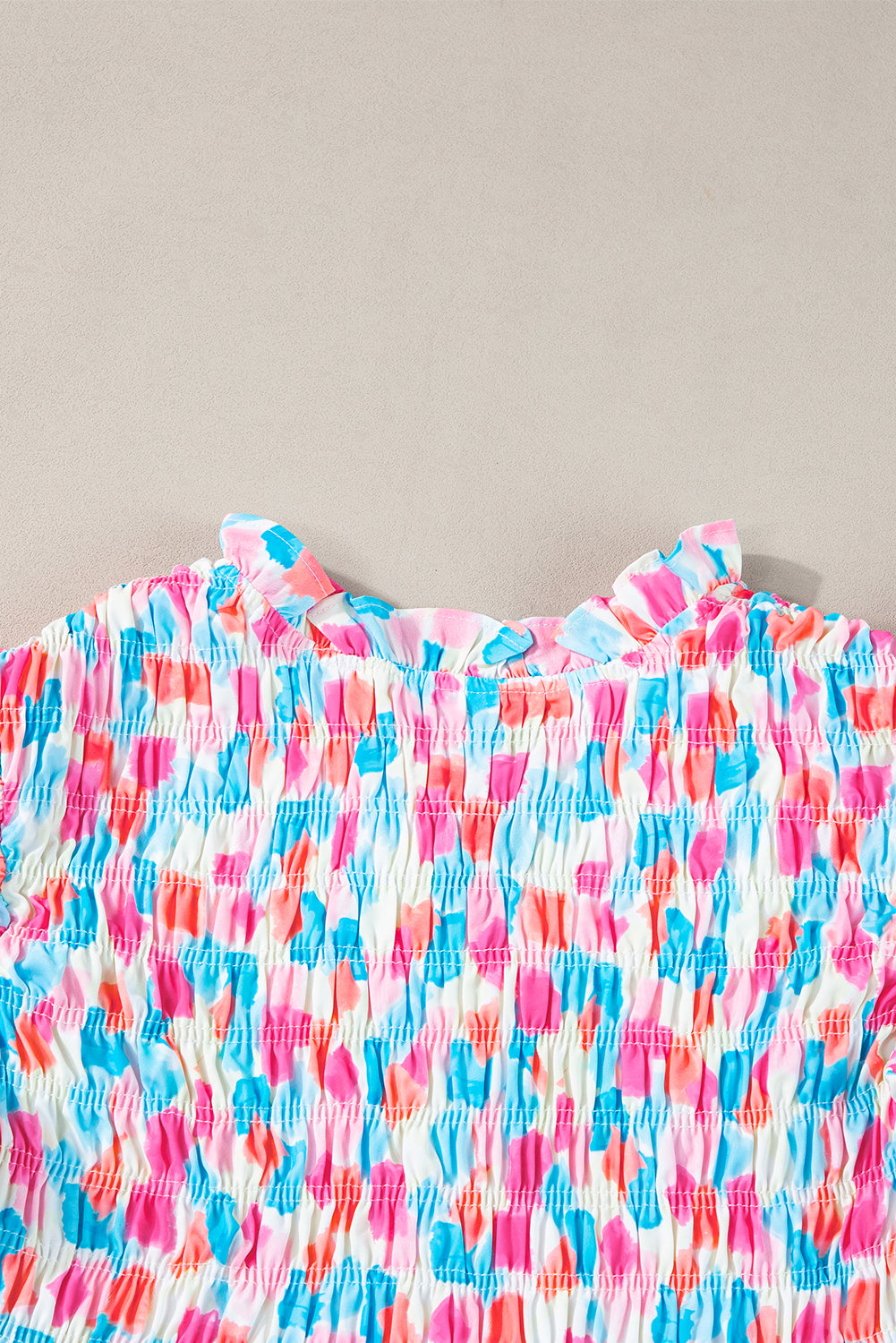 Pink Shirred Yoke Ruffle Abstract Blouse