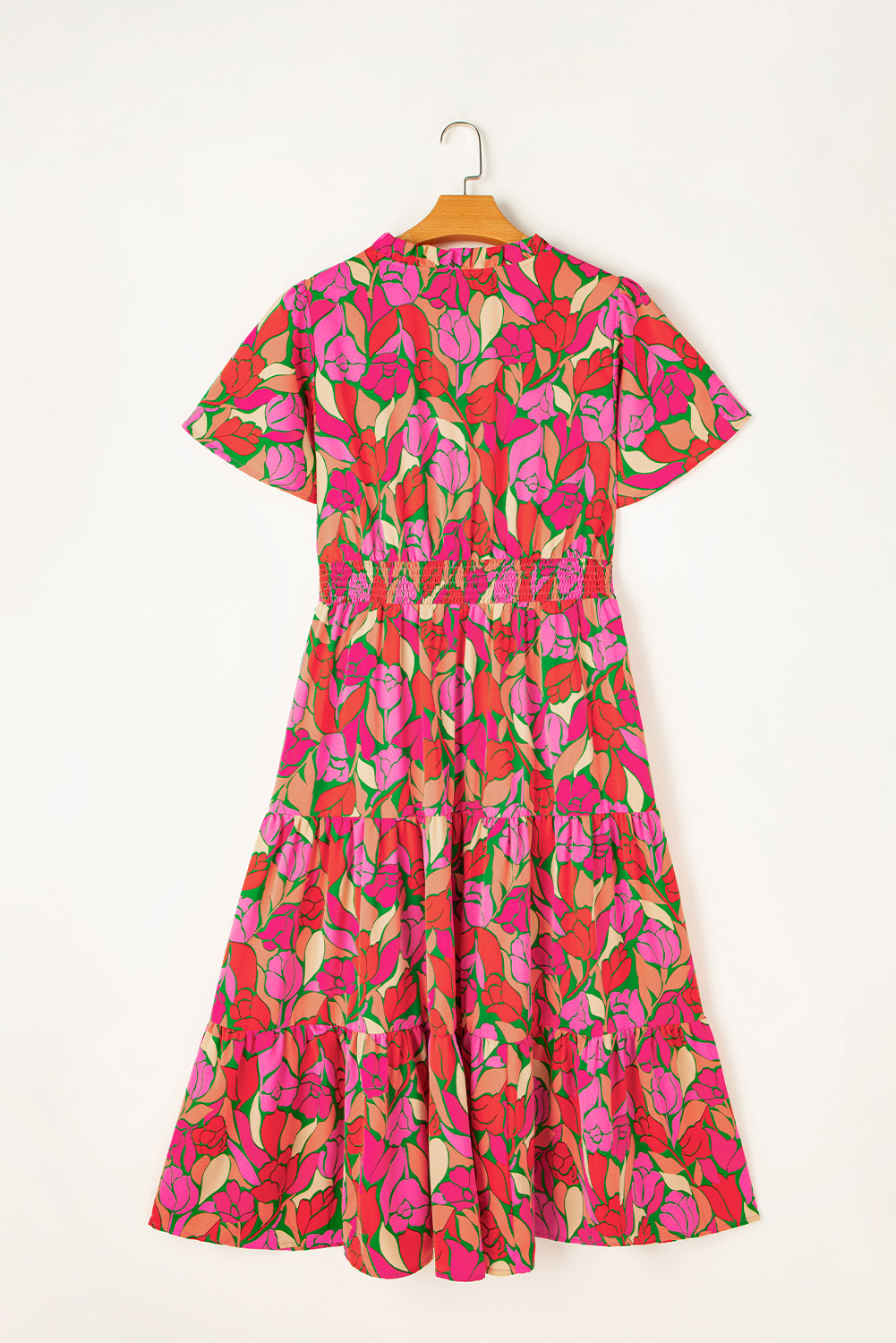 Rose Floral Flounce Sleeve Smocked Waist Tiered Maxi Dress