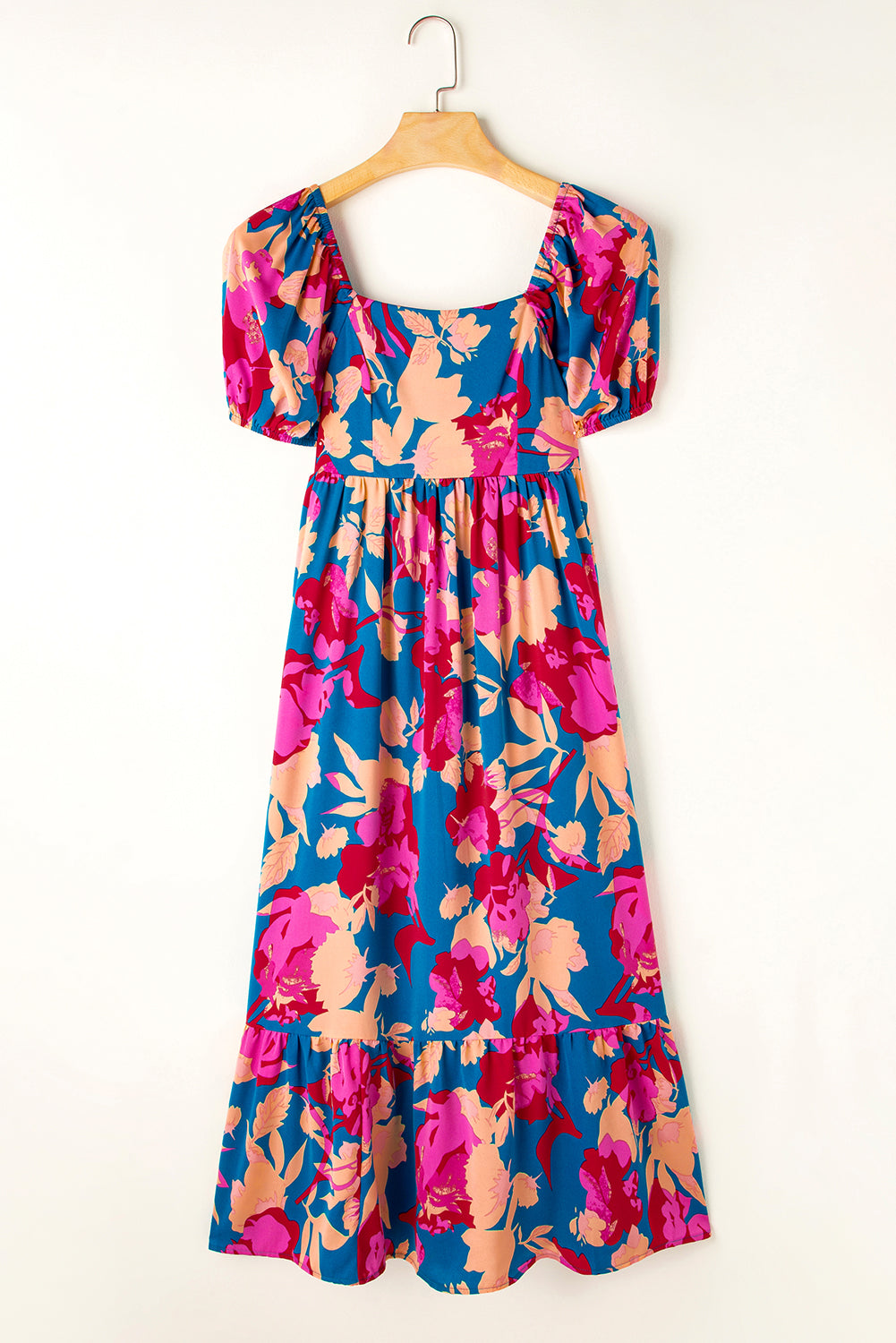 Dark Blue Square Neck Bubble Sleeve Ruffle Hem Floral Dress