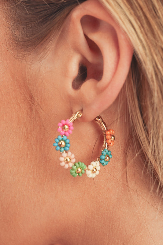 Pink Contrast Beaded Flowers Round Shape Dropping Earrings