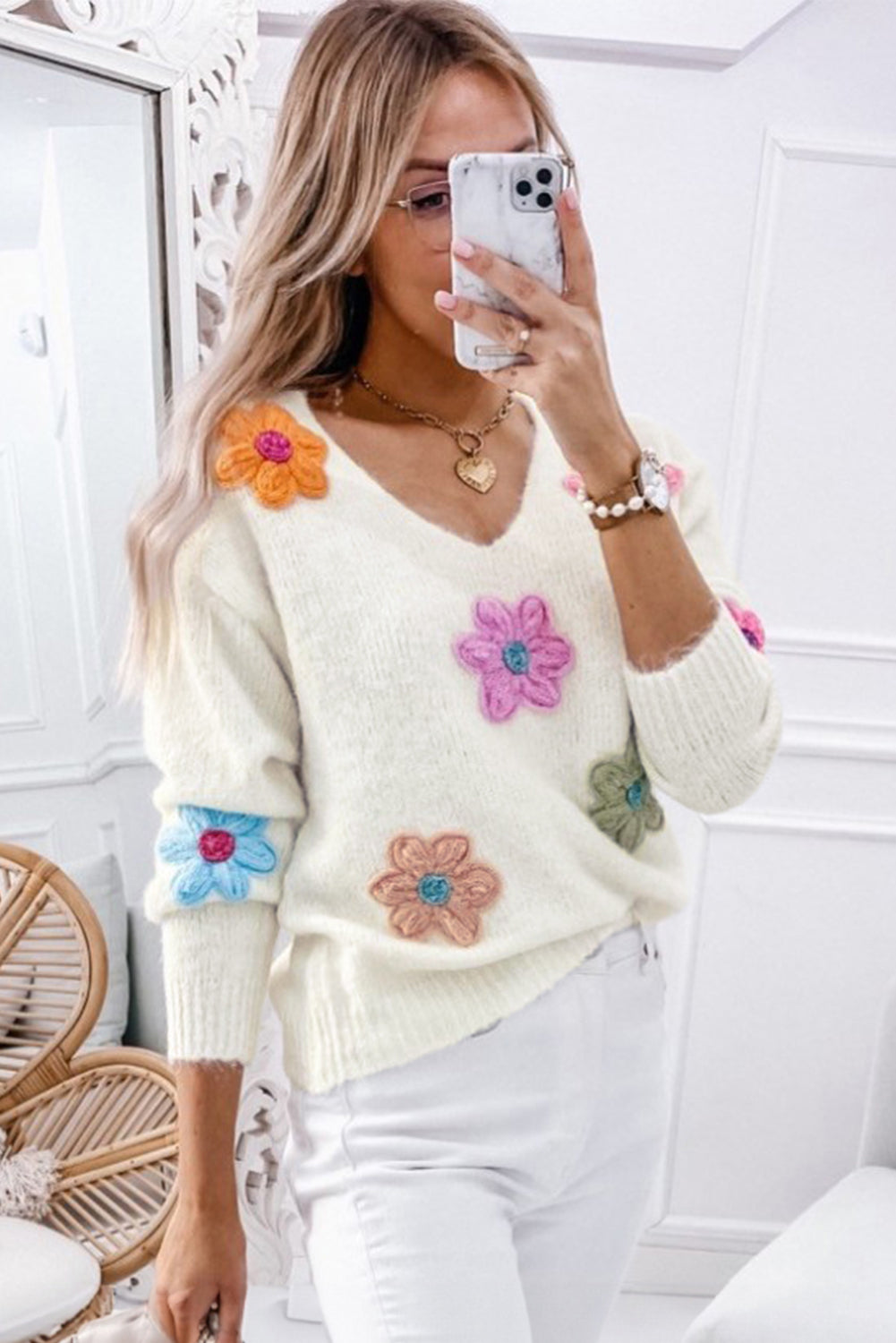 White Crochet Flower V Neck Sweater