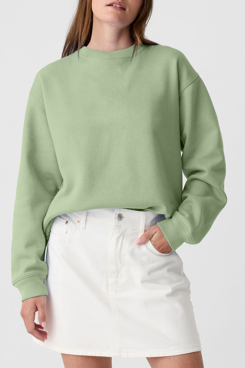 Smoke Green Plain Drop Shoulder Crewneck Pullover Sweatshirt