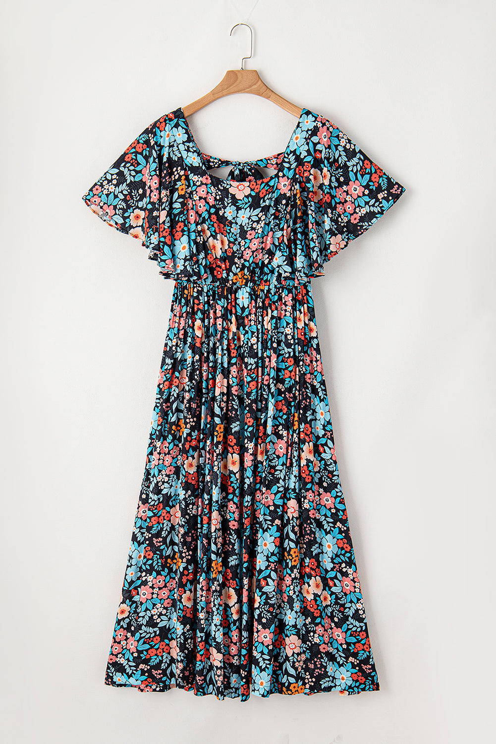 Sky Blue Boho Floral Print Knotted Backless Maxi Dress