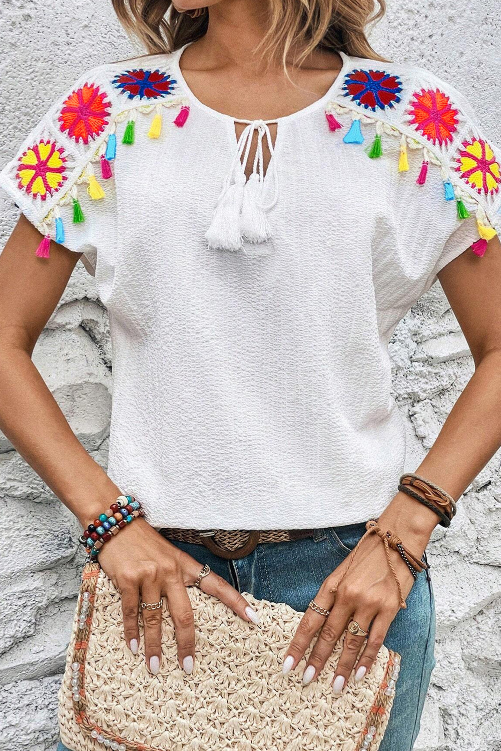 White Boho Embroidered V Neck Fringe Short Sleeve Blouse