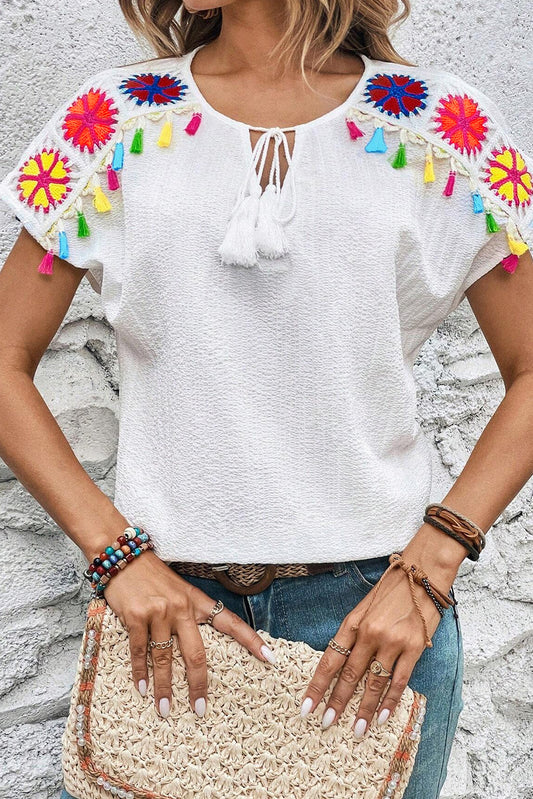 White Boho Embroidered V Neck Fringe Short Sleeve Blouse