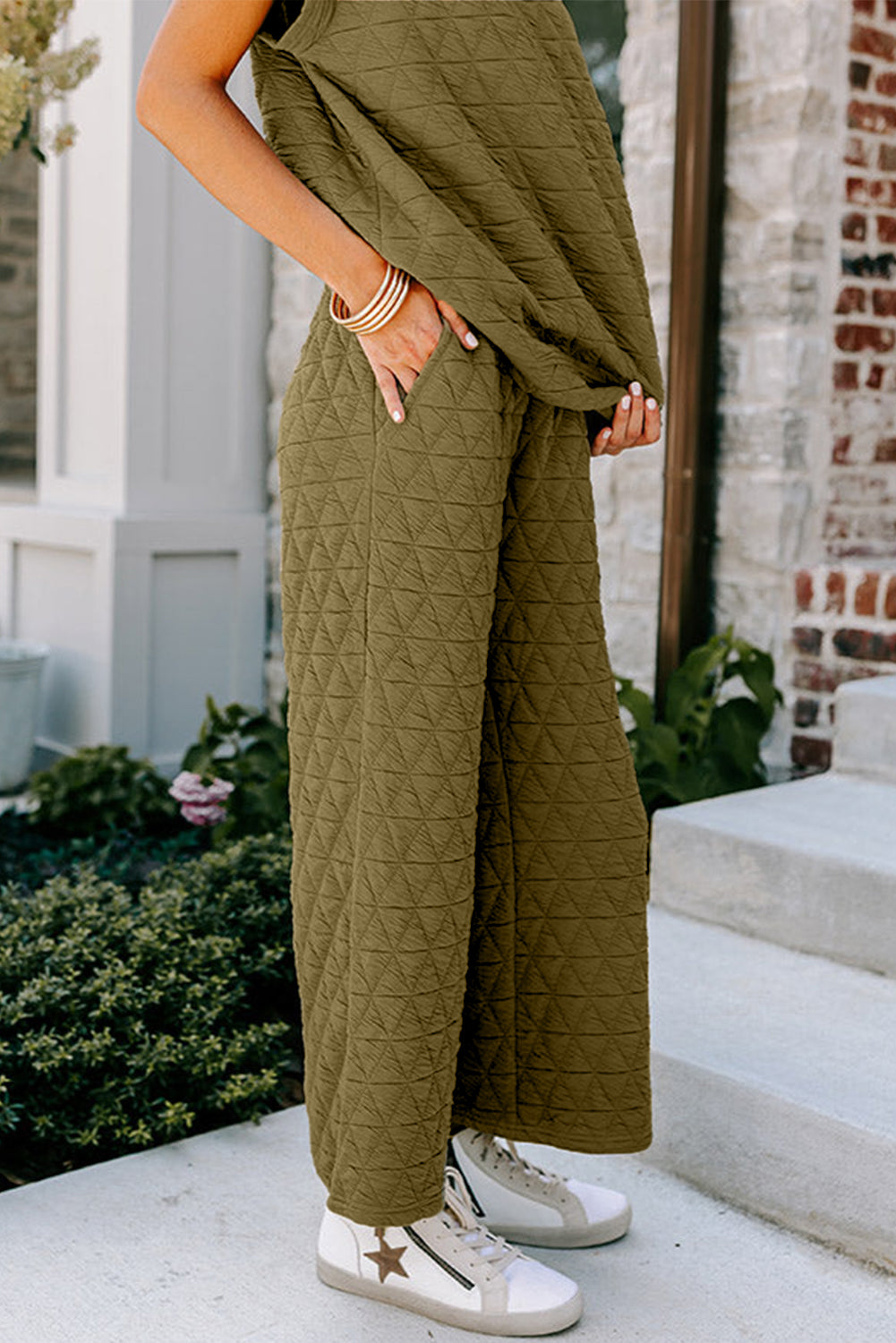 Blue Quilted Textured Short Sleeve Top and Wide Leg Pants Set