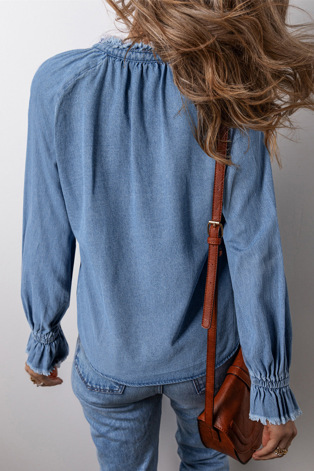 Sky Blue Frilled Raw Hem Half Buttoned Denim Top