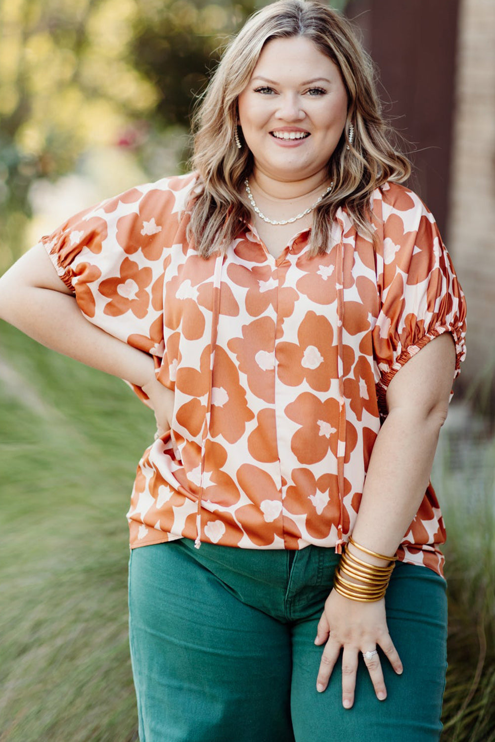 Orange Plus Size 60s Floral Print Drawstring V Neck Short Sleeve Blouse