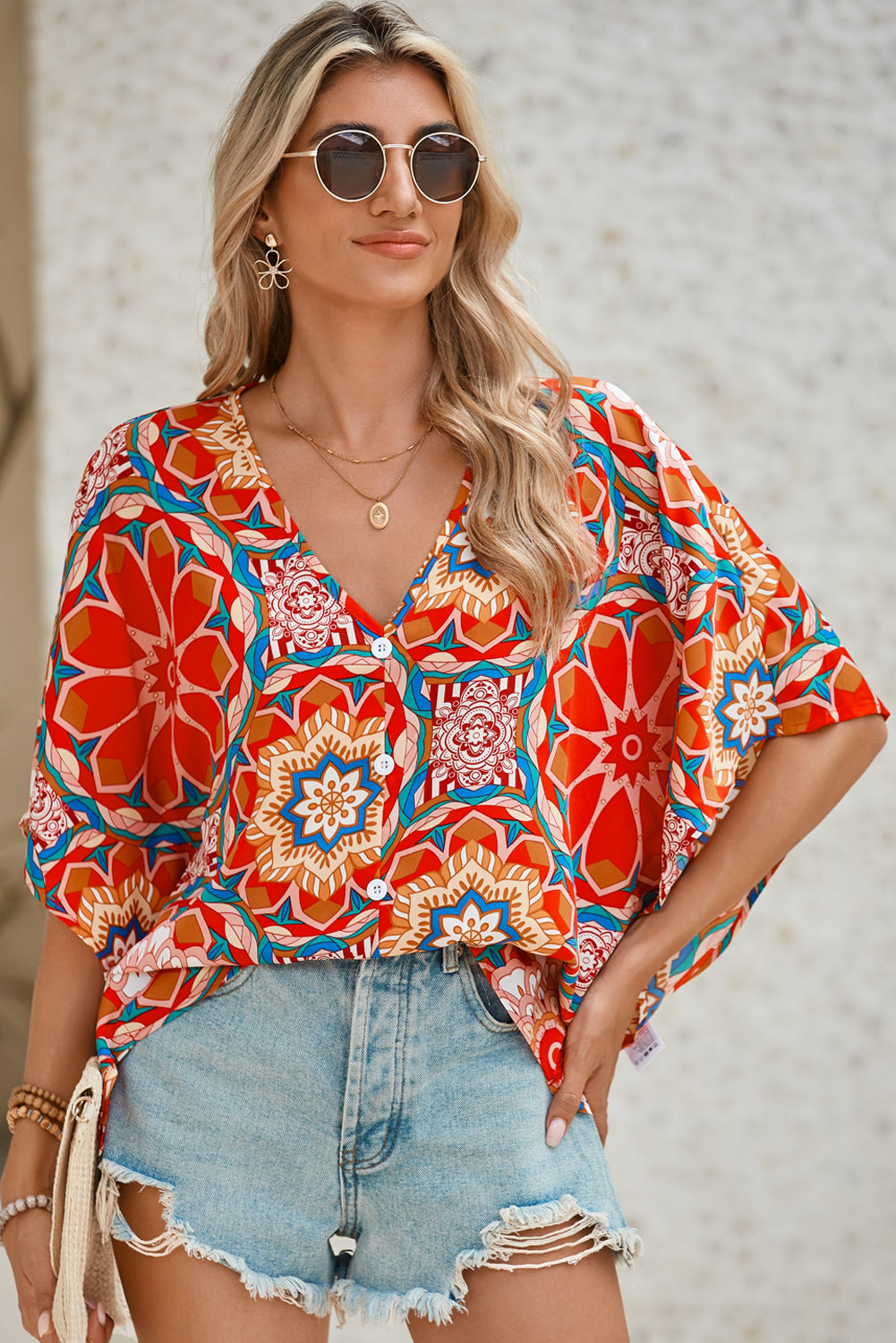 Red Floral Print V Neck Button Decor Batwing Blouse