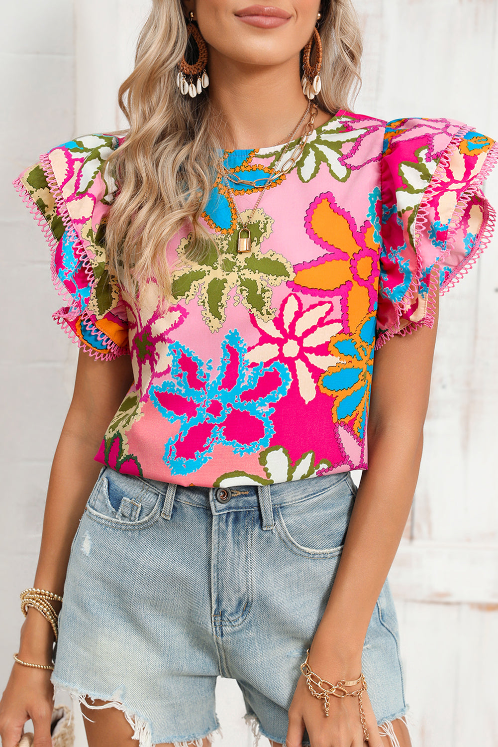 Multicolor Floral Print Boho Top Tiered Ruffle Sleeve Blouse