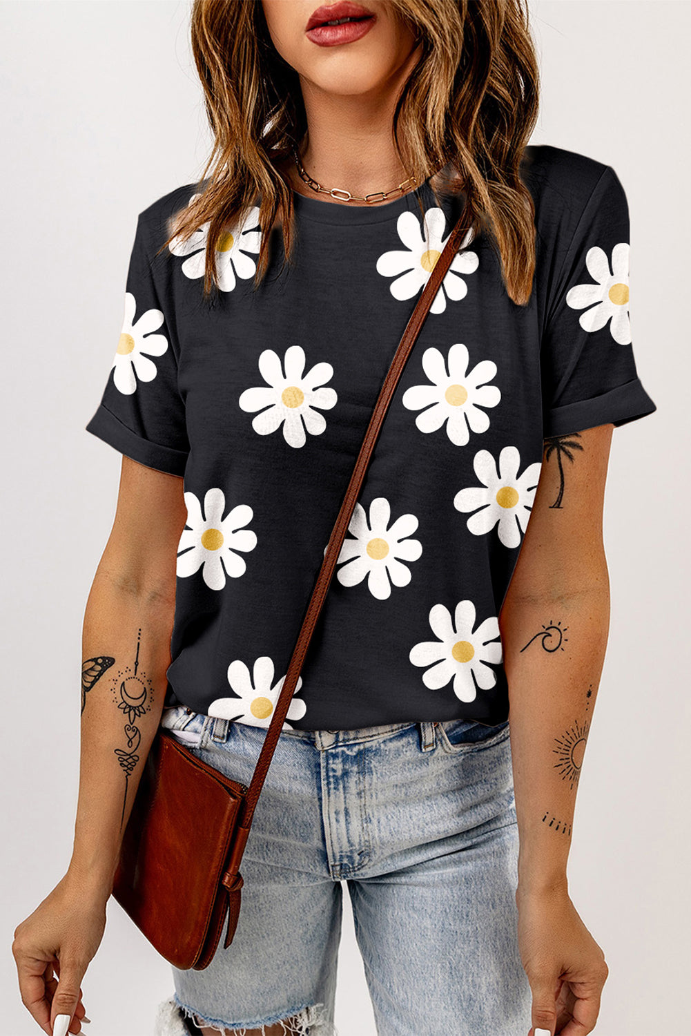 Sky Blue Daisy Print Crewneck T Shirt