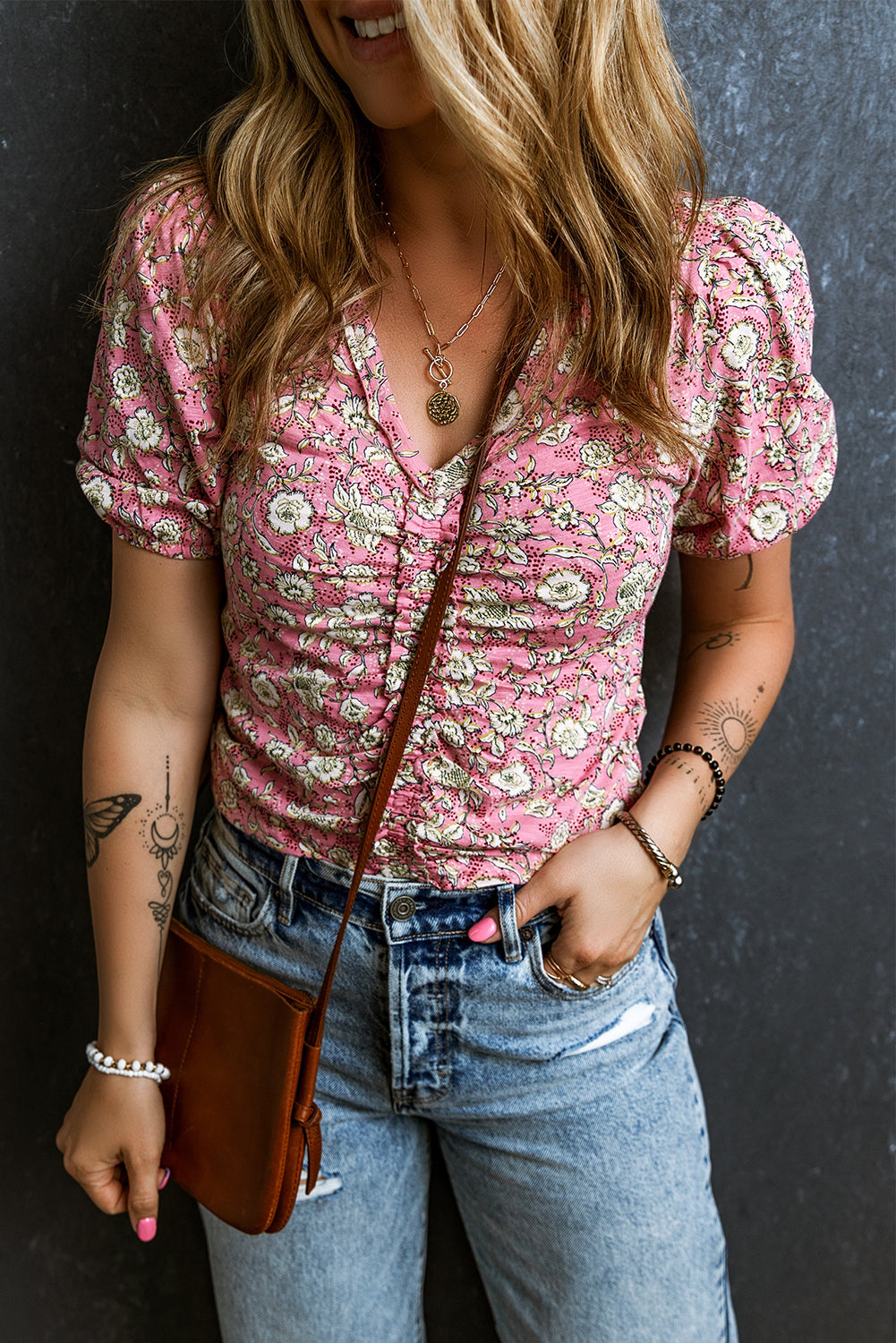 Pink Floral Short Puff Sleeve V Neck Smocked Blouse