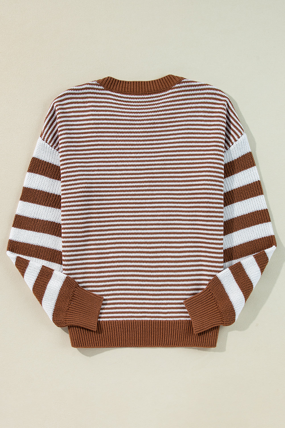 Brown Stripe Geometric Textured Drop Shoulder Sweater