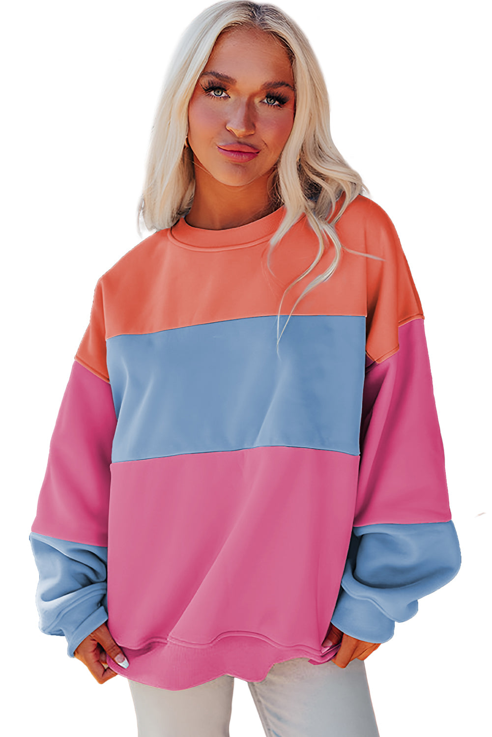 Bright Pink Colorblock Patchwork Drop Shoulder Sweatshirt