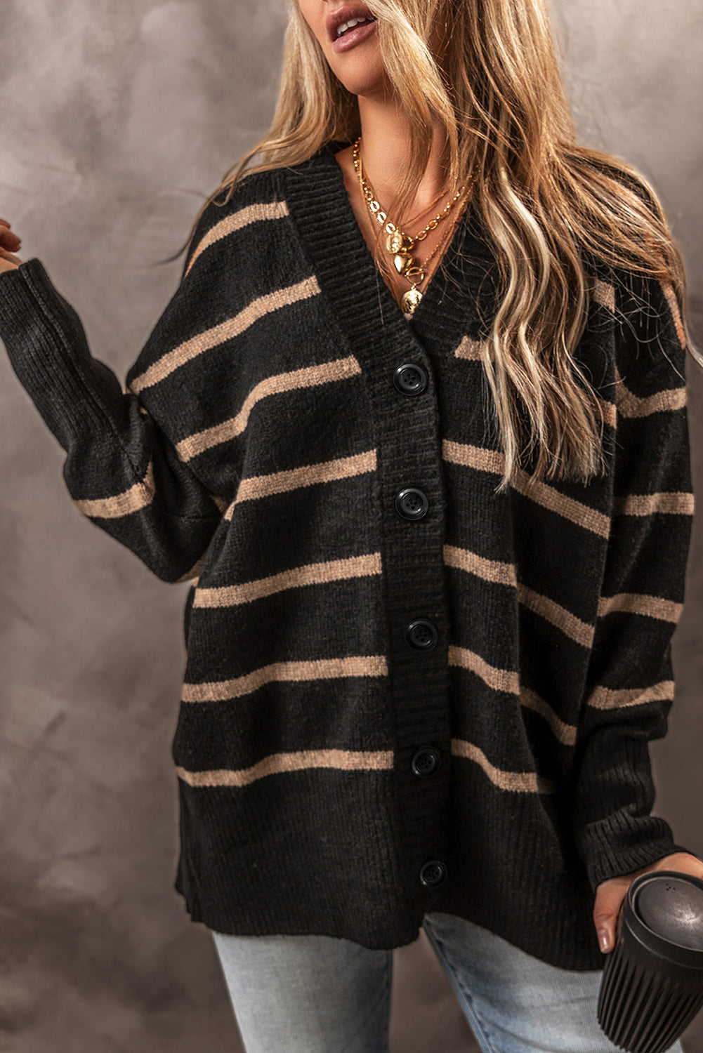 Black Stripe Buttoned V Neck Drop Shoulder Loose Cardigan