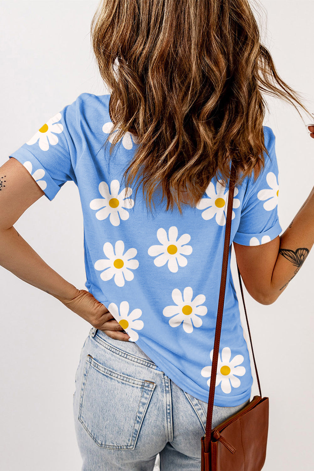 Sky Blue Daisy Print Crewneck T Shirt