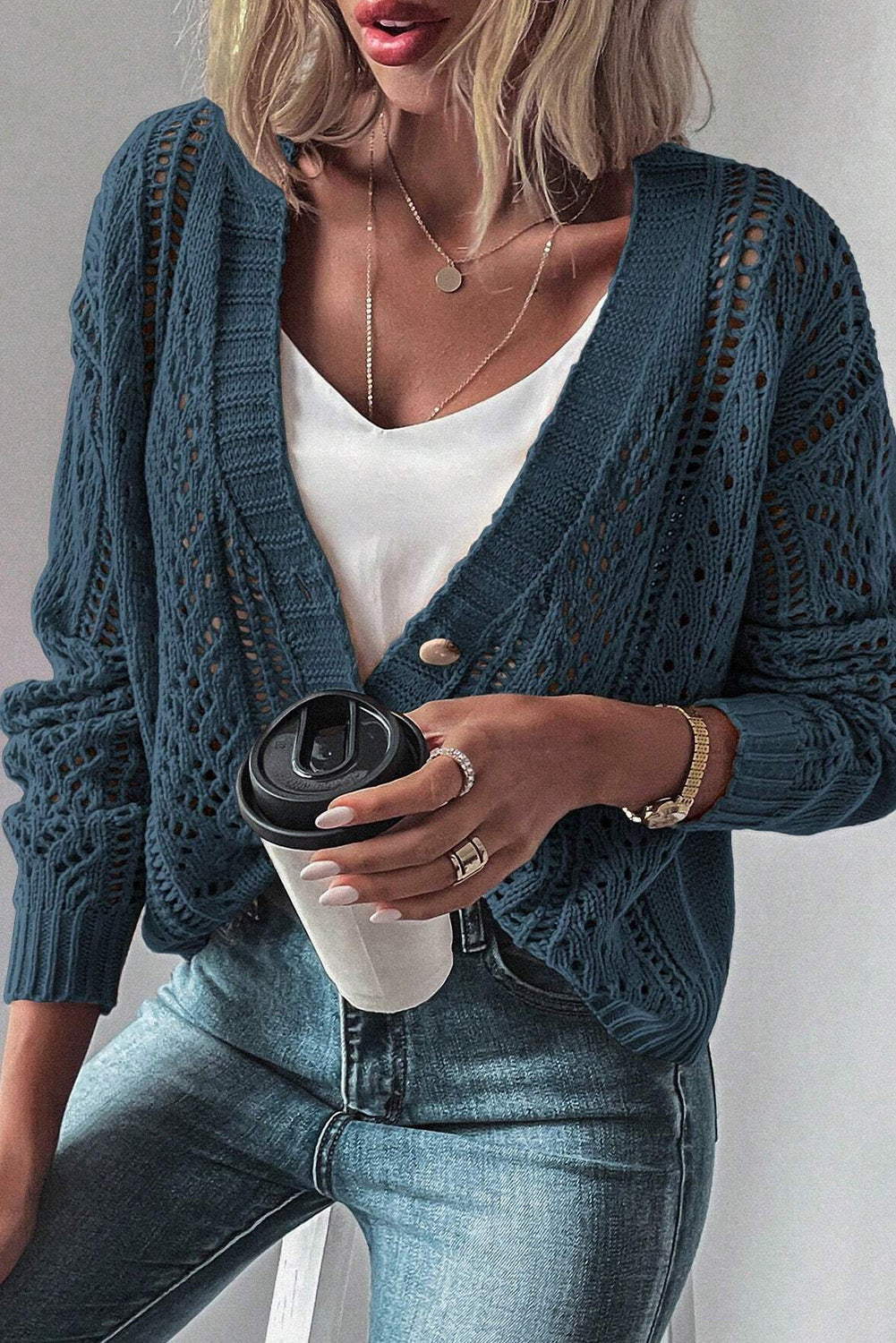 Real Teal Open Knit Drop Shoulder Sweater Cardigan