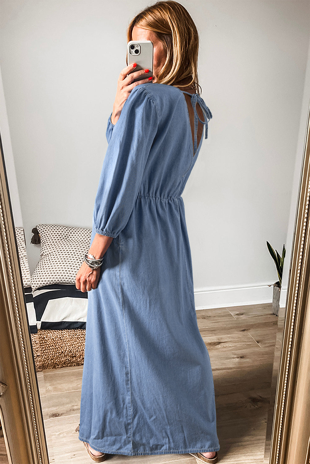 Myosotis Chambray Deep V Neck Bracelet Sleeve Maxi Dress