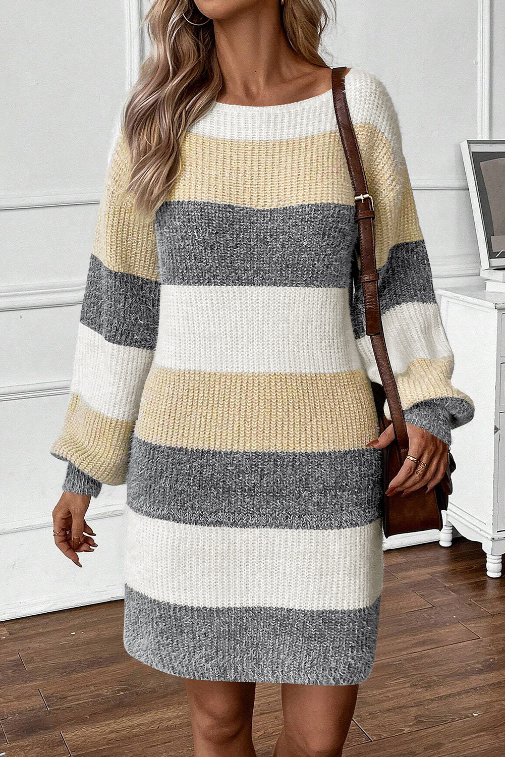 Gray Stripe Colorblock Bubble Sleeve Drop Shoulder Sweater Dress