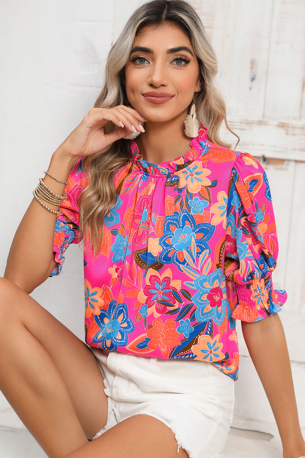 Rose Frill Neck Puff Sleeve Boho Floral Blouse