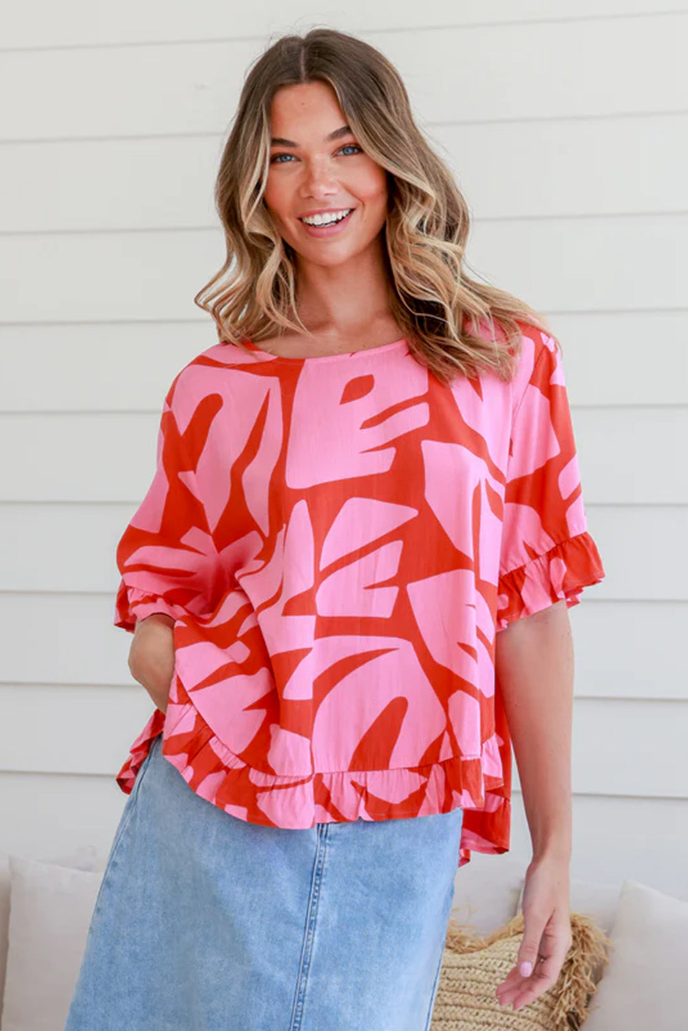 Strawberry Pink Abstract Print Ruffle Hem Tee and Wide Leg Pants Set