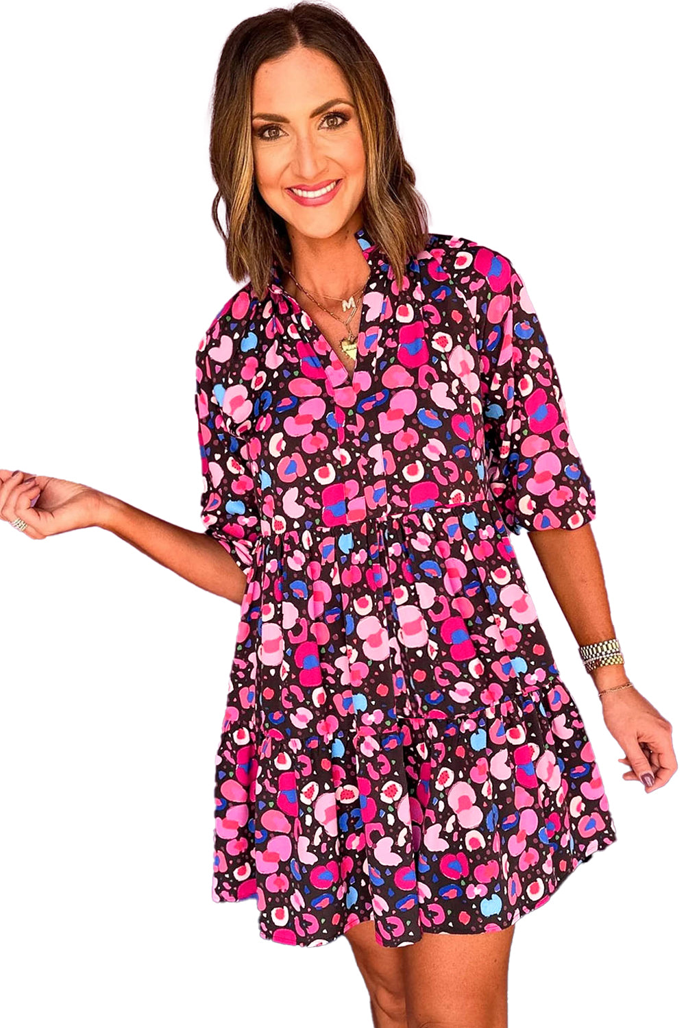 Rose Abstract Print V Neck Collared Half Sleeve Short Dress