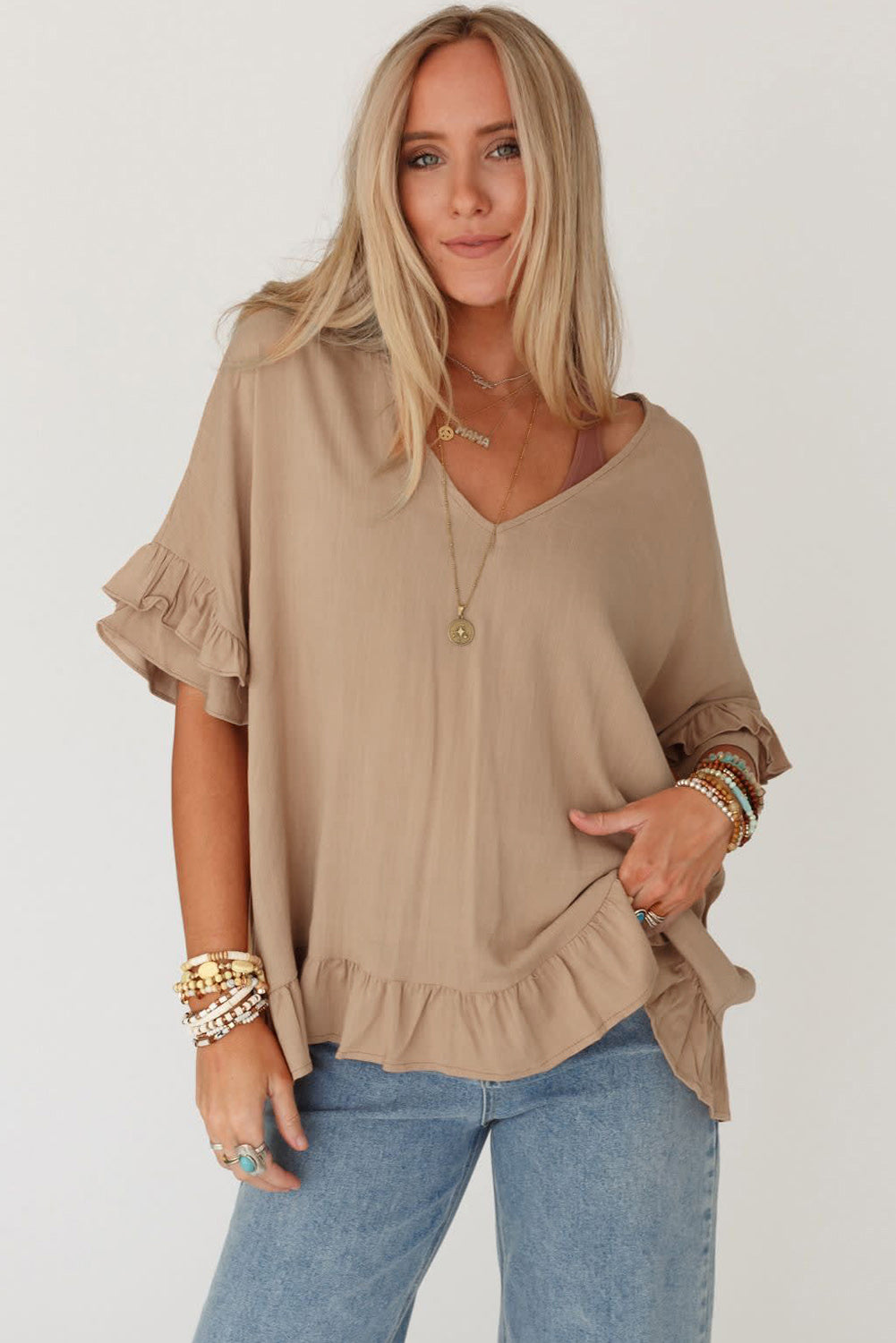 Light French Beige Loose Ruffled V Neck Blouse