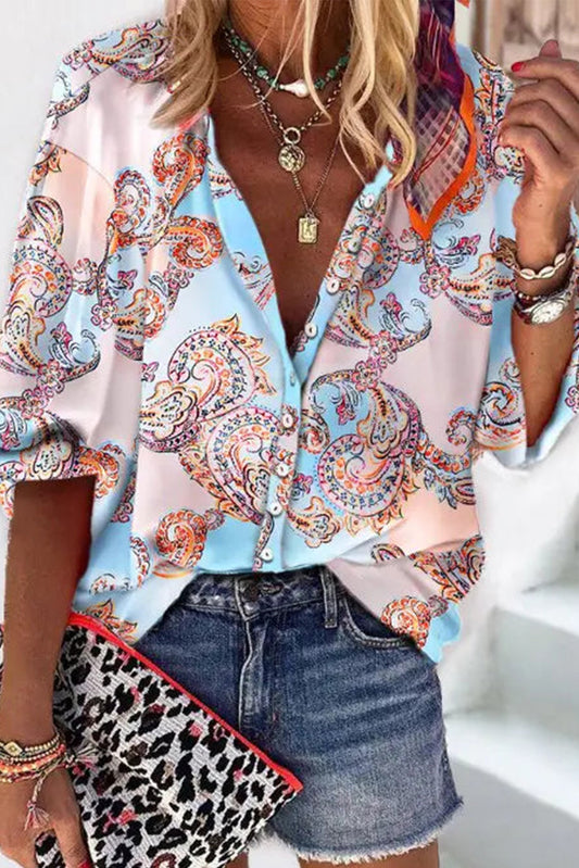 Sky Blue Boho Paisley Print Lantern Sleeve Button-Down Blouse