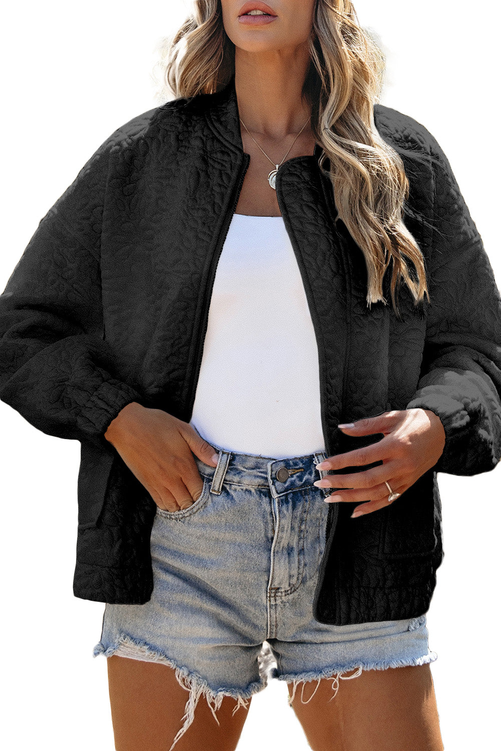 Black Floral Embossed Plain Zip Up Jacket