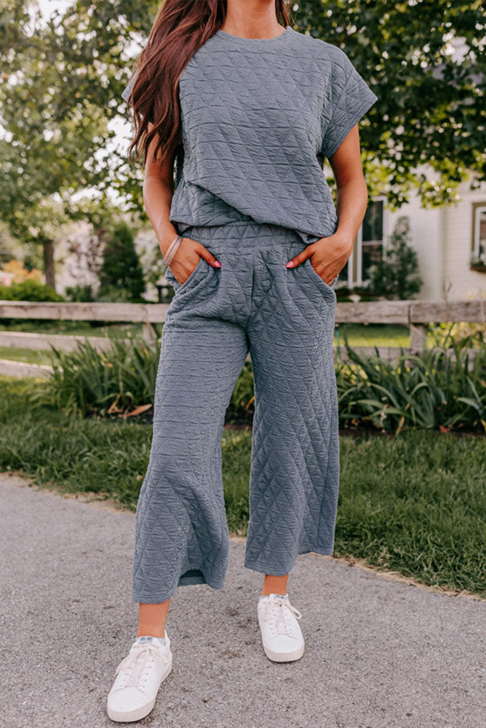 Blue Quilted Textured Short Sleeve Top and Wide Leg Pants Set