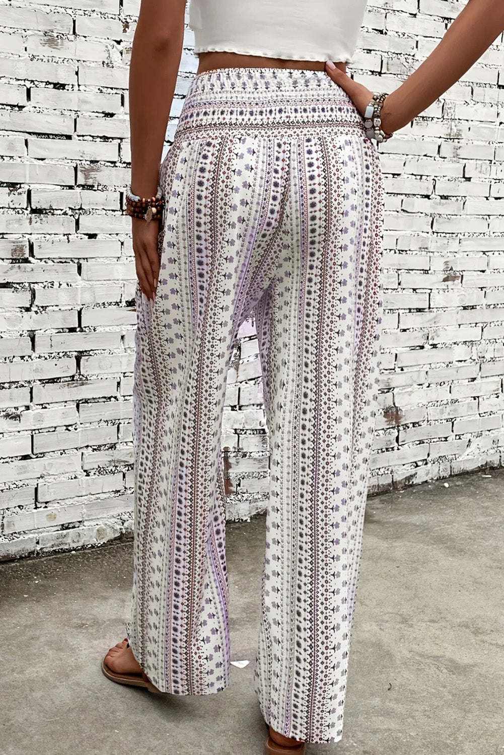 White Floral Print High Waist Drawstring Wide Leg Pants