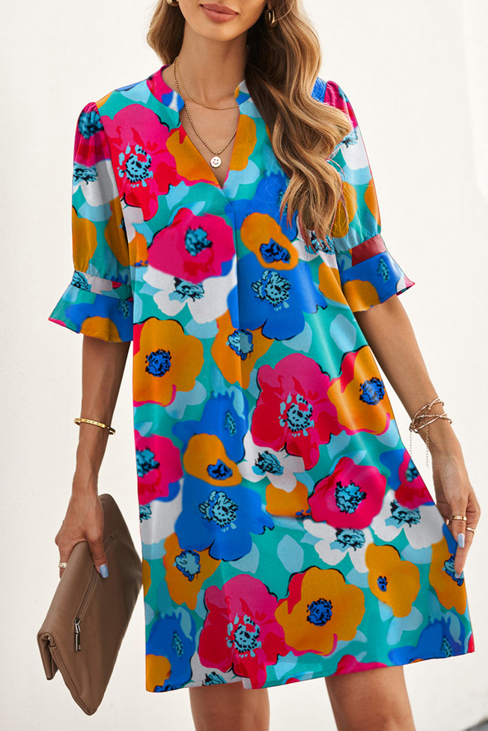 Multicolor Floral Print Mandarin Collar Short Sleeve Tunic Dress