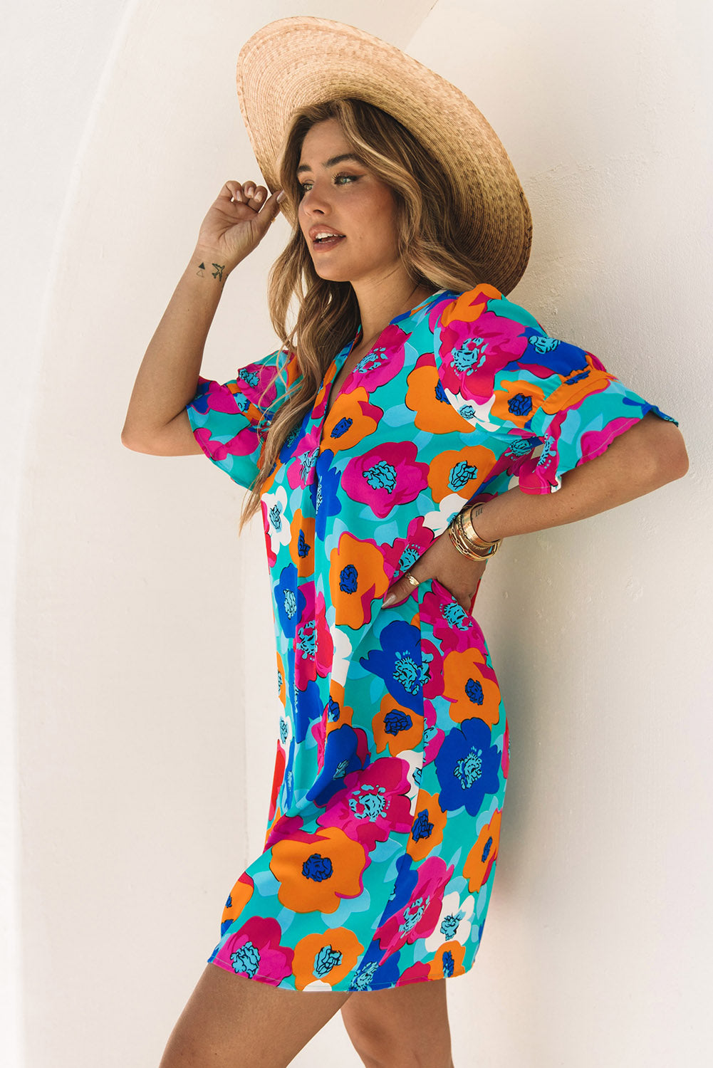 Multicolor Floral Print Mandarin Collar Short Sleeve Tunic Dress