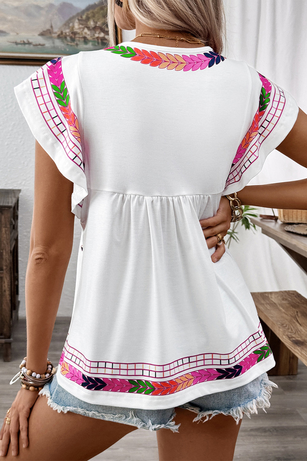 White Abstract Print Ruffle Boho Babydoll Sleeveless Top