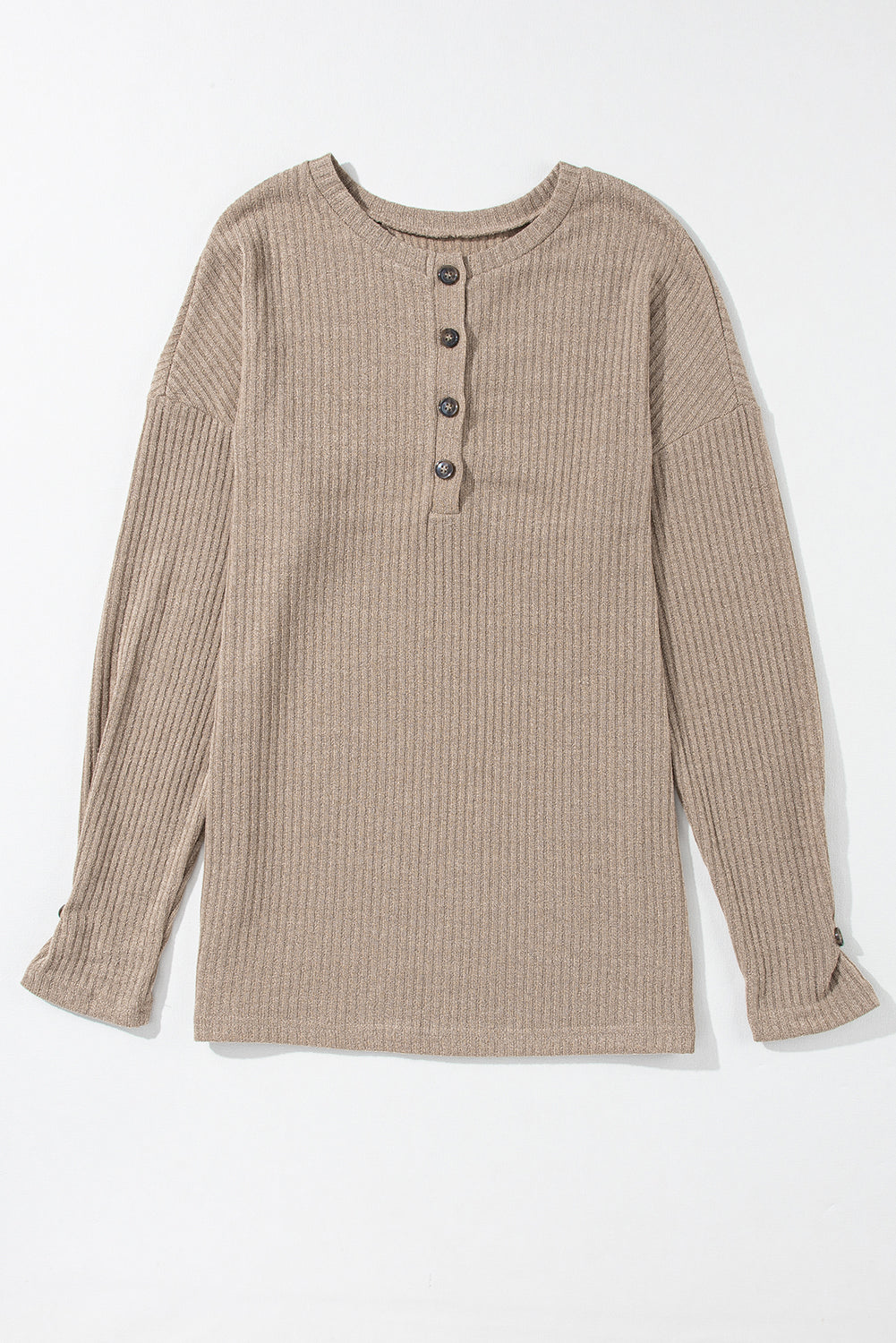 Pale Khaki Rib Textured Henley Knit Top