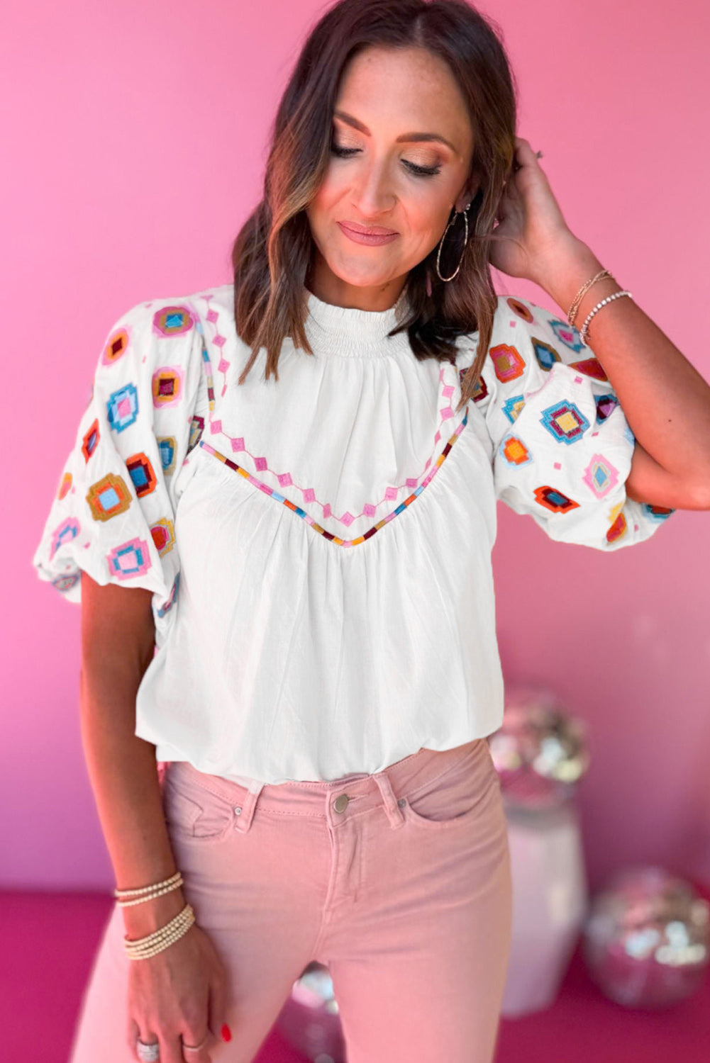 White Geometric Embroidered Smocked Neck Puff Sleeve Top