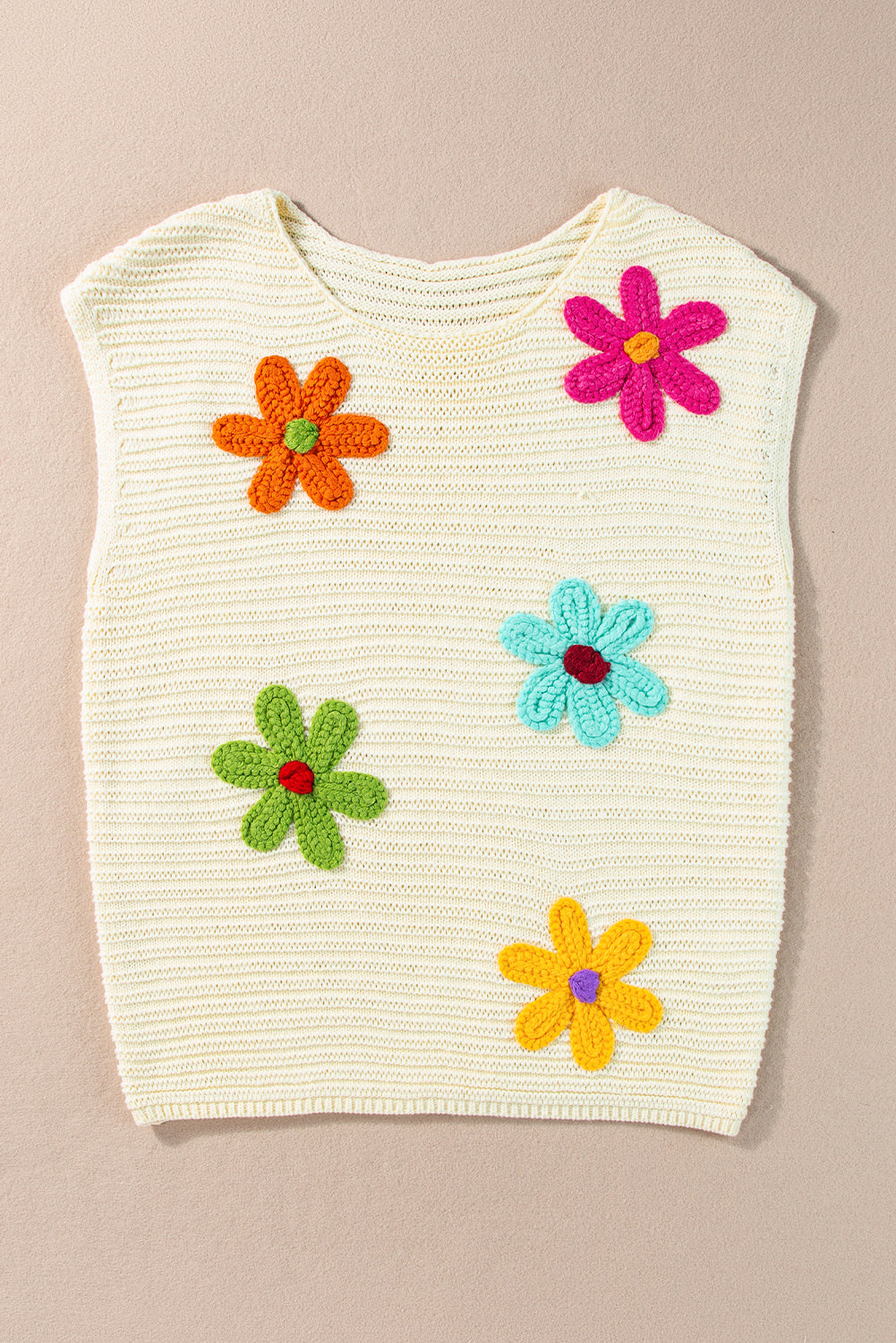 White Colorful Flower Crochet Knitted Top