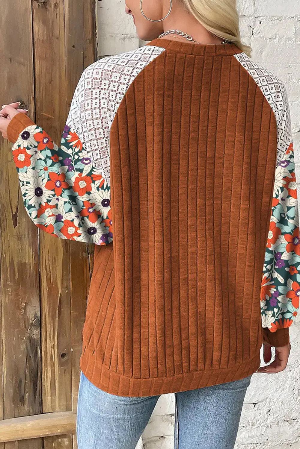 Parchment Floral Patchwork Raglan Sleeve Ribbed Blouse