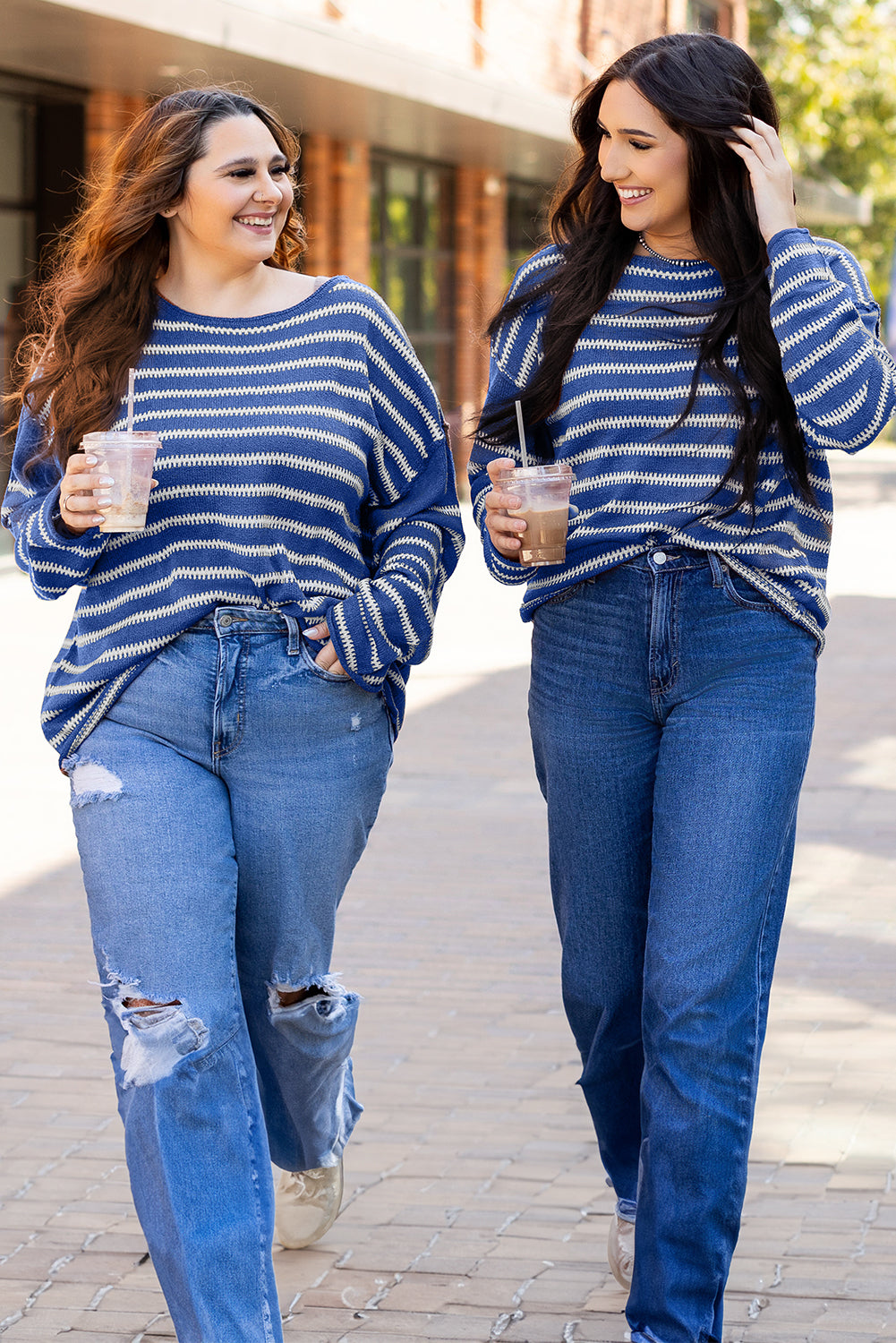 Sky Blue Stripe Drop Shoulder Casual Sweater