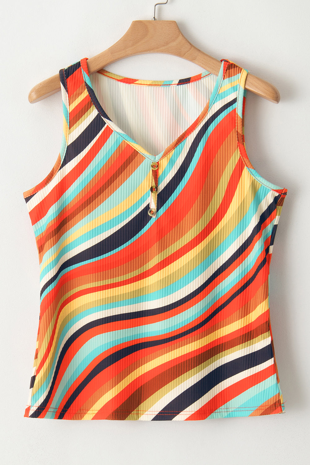 Purple Striped Print Henley Neck Tank Top