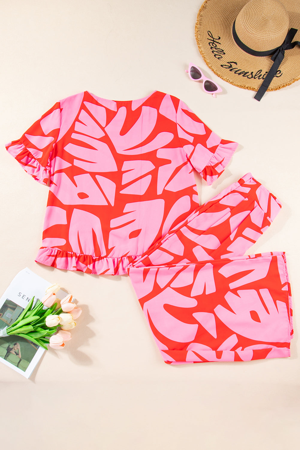 Strawberry Pink Abstract Print Ruffle Hem Tee and Wide Leg Pants Set