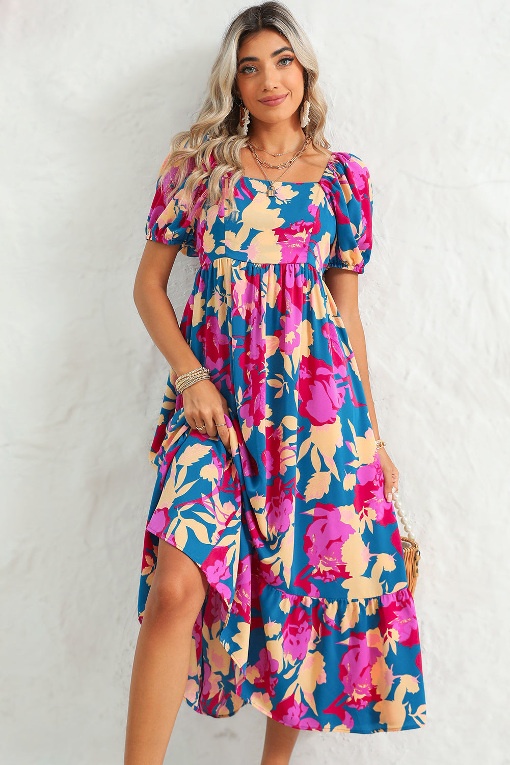 Dark Blue Square Neck Bubble Sleeve Ruffle Hem Floral Dress