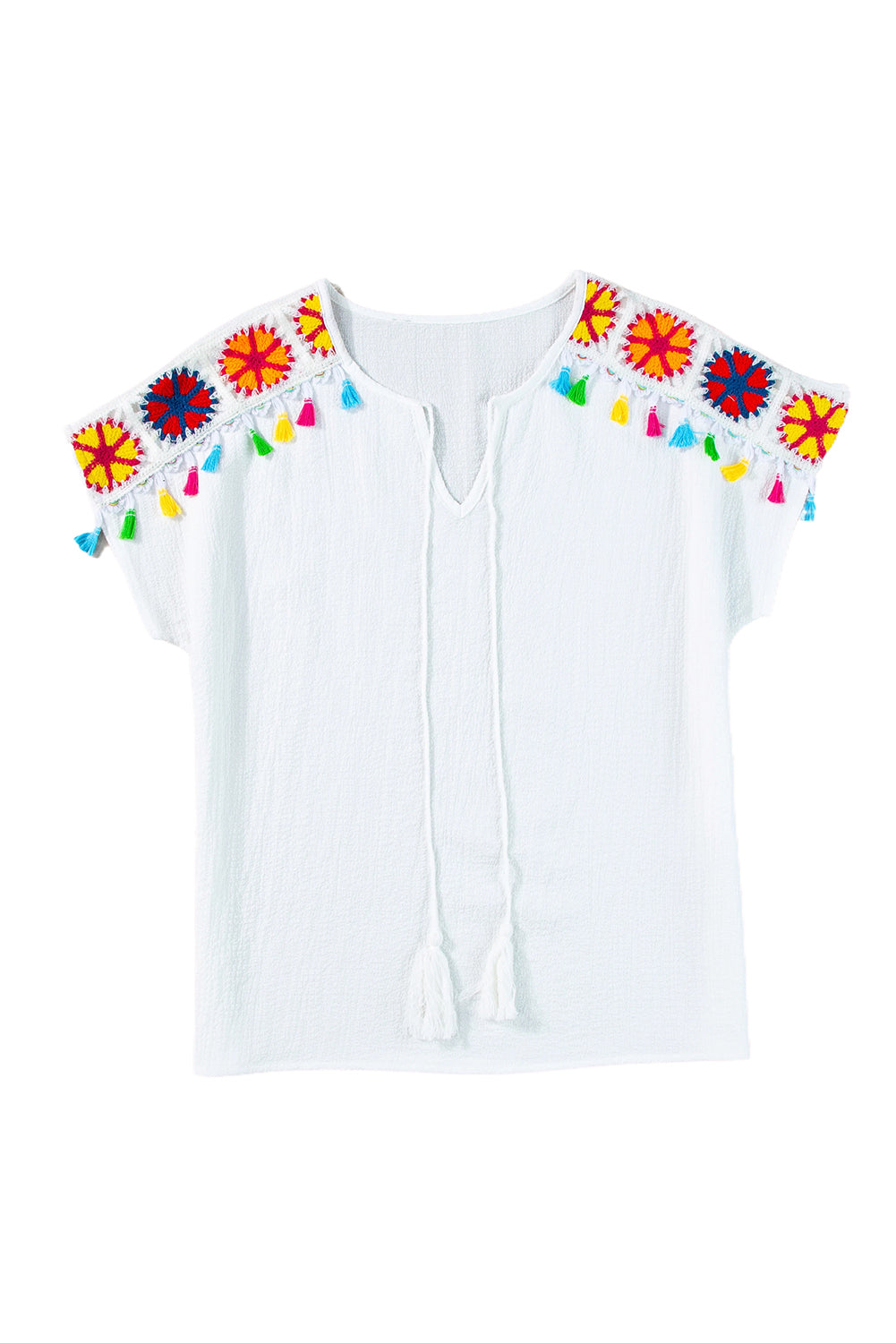 White Boho Embroidered V Neck Fringe Short Sleeve Blouse