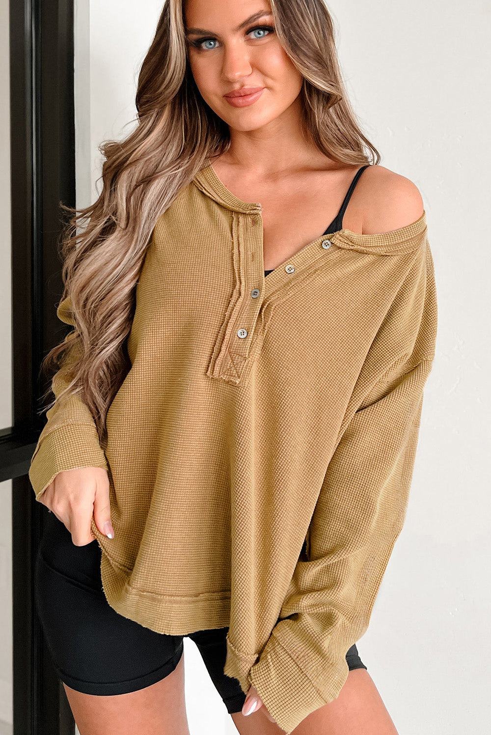 Camel Textured Knit Half Button Drop Shoulder Oversized Top