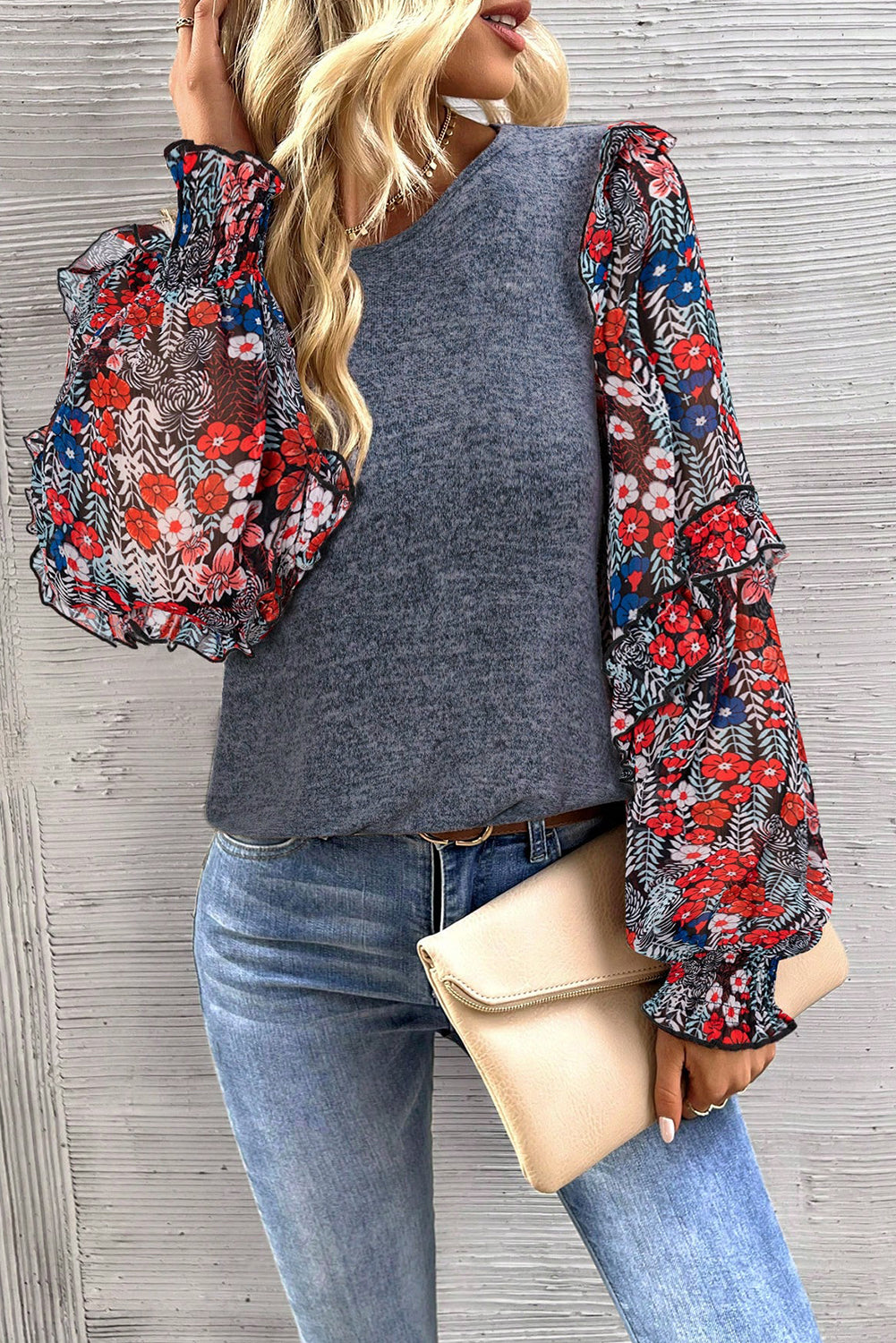 Blue Ruffle Tiered Floral Sleeve Crew Neck Blouse