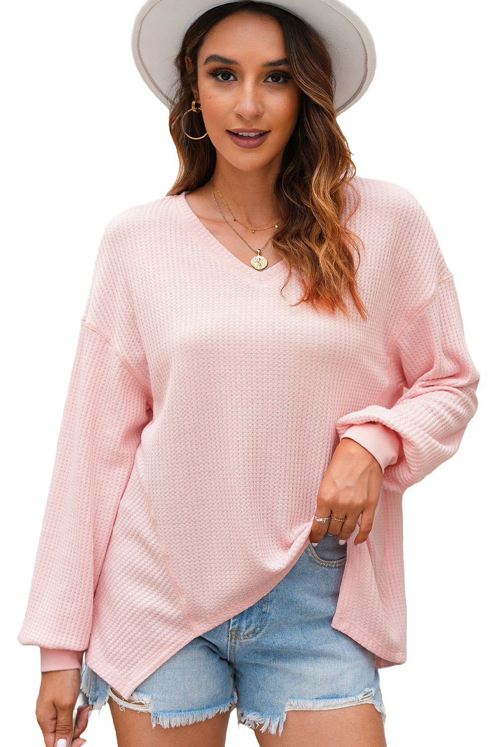 Light Pink Waffle V Neck Long Sleeve Drop Shoulder Loose Blouse